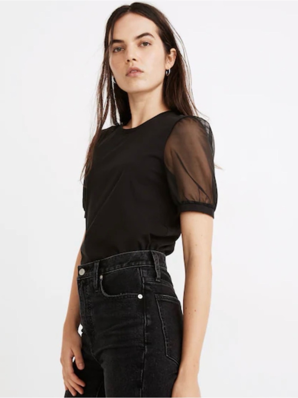 Madewell Sheer Sleeve Black Knit Top, Size M, EUC STILL ONLINE